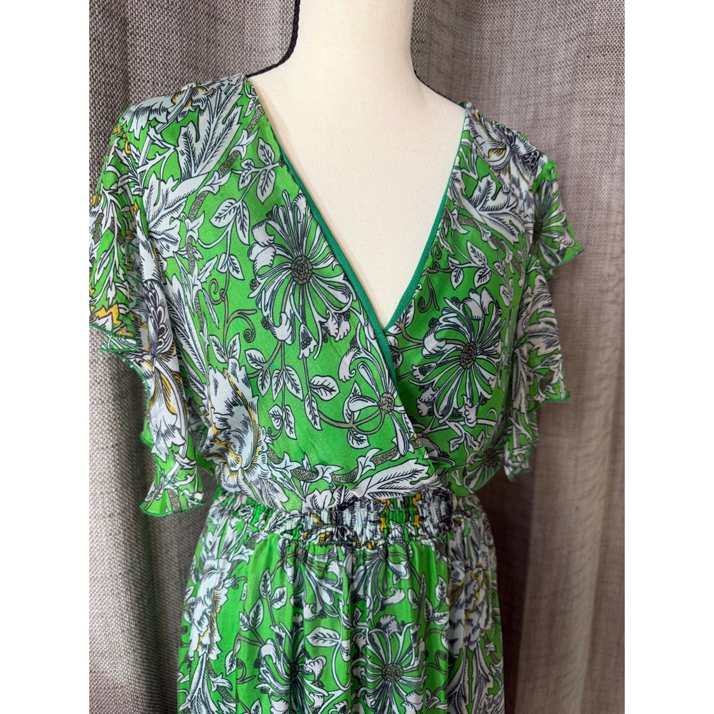 Le Ragazze Green Floral Maxi Dress Made in Italy Smocked Waist Flutter Sleeve